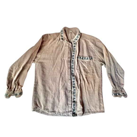 Handmade Other - Guatemalan Mens M Shirt Dark Beige Handmade w/ Hand-Woven Accents Button Front